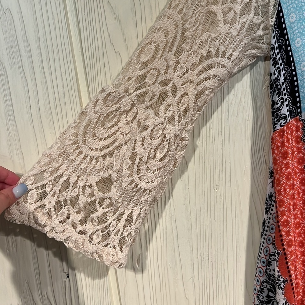 Military Hippie Boho Tunic/Dress with Lace 3/4 Sleeves, Size S - Picture 5 of 7